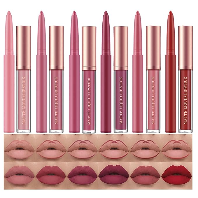 12Pcs Matte Liquid Lipstick Lip Liner Pens Set One Step Lips Makeup Sets Pigment Velvety Nude Lip Stain Waterproof Long Wear Lip Gloss Make up Gift Set (Set B)