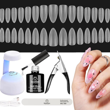 Beetles Gel Nail Extension Kit Pre-etched soft gel tips, matte medium almond shape, 5-in-1 nail glue gel, UV lamp, and acrylic nail clipper for DIY manicures.