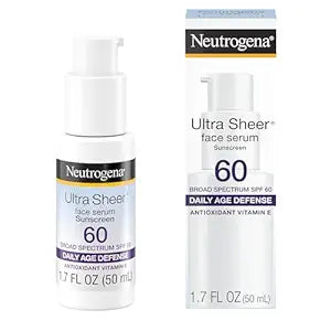 Neutrogena Ultra Sheer Face Serum Vitamin E, SPF 60, broad spectrum UVA/UVB protection, fragrance-free, oxybenzone-free, 1.7 oz.