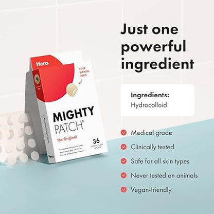 Hero Cosmetics Mighty Patch™ Hydrocolloid acne patches for zits and blemishes (36 count).