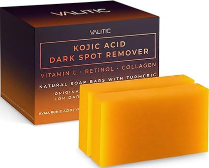 VALITIC Kojic Acid Soap Bars Dark spot remover with Vitamin C, Retinol, Collagen, Turmeric, Hyaluronic Acid, Vitamin E, Shea Butter, and Olive Oil (2 Pack).