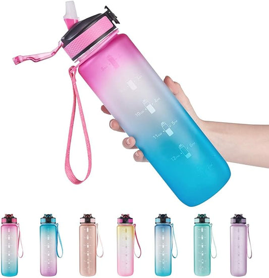 32 oz Water Bottle with Time Marker Carry Strap Leak-Proof Tritan BPA Free Ensure You Drink Enough Water for Fitness Gym Camping Outdoor Sports