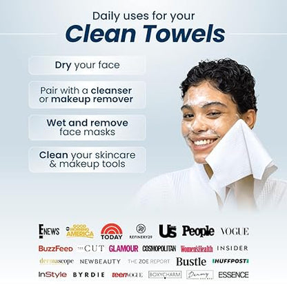 Clean Towels XL™ 100% USDA Biobased ultra-soft disposable face towels, 50-count pack, ideal for makeup removal and dry wipes.