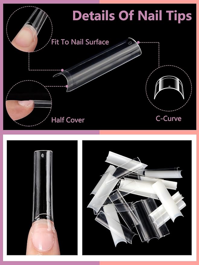 480PCS Extra Long C Curve Nail Tips and Glue 2 packs natural and clear acrylic, 12 sizes, professional set for straight square French nails.