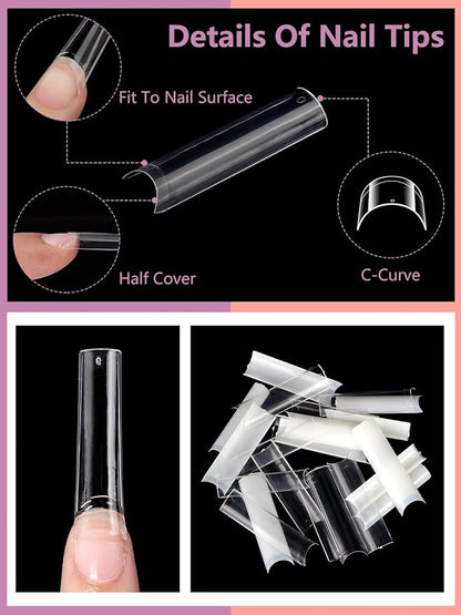 480PCS Extra Long C Curve Nail Tips and Glue 2 packs natural and clear acrylic, 12 sizes, professional set for straight square French nails.