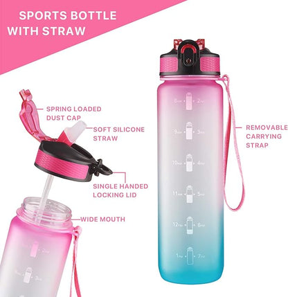 32 oz Water Bottle with Time Marker Carry Strap Leak-Proof Tritan BPA Free Ensure You Drink Enough Water for Fitness Gym Camping Outdoor Sports