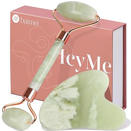 BAIMEI IcyMe Gua Sha & Jade Roller Set Green facial tools for reducing puffiness and redness, perfect self-care gift for men and women.