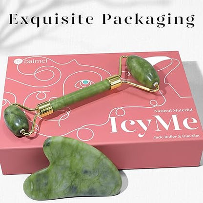 BAIMEI IcyMe Gua Sha & Jade Roller Set Green facial tools for reducing puffiness and redness, perfect self-care gift for men and women.