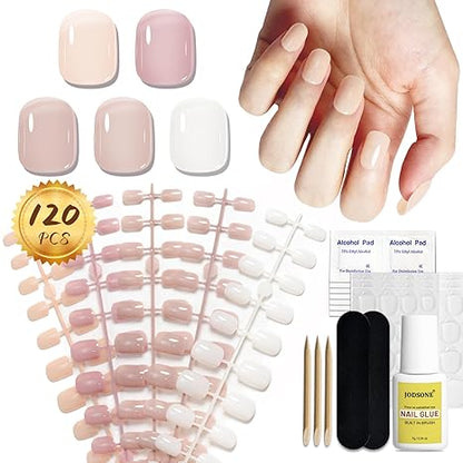 JODSONE 5 Style Jelly Nude Press On Nails 120 PCS Short false Nail Extensions,12 Size Press on Nails * False Nail Tips