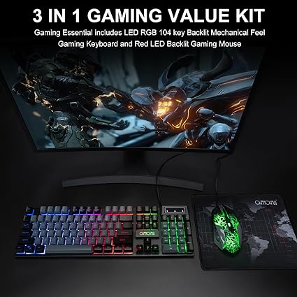 Gaming Keyboard and Mouse Combo USB wired, LED backlit, dual-color keyboard, six-button mouse with side buttons, mechanical feel for all uses.