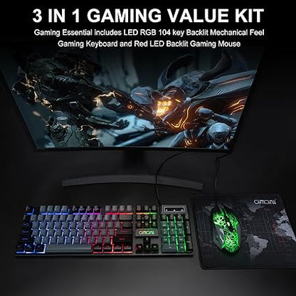 Gaming Keyboard and Mouse Combo USB wired, LED backlit, dual-color keyboard, six-button mouse with side buttons, mechanical feel for all uses.