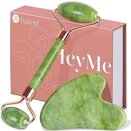 BAIMEI IcyMe Gua Sha & Jade Roller Set Green facial tools for reducing puffiness and redness, perfect self-care gift for men and women.