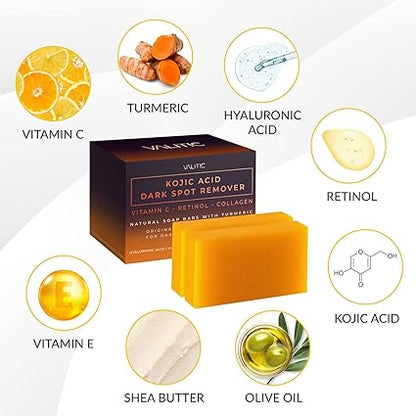 VALITIC Kojic Acid Soap Bars Dark spot remover with Vitamin C, Retinol, Collagen, Turmeric, Hyaluronic Acid, Vitamin E, Shea Butter, and Olive Oil (2 Pack).