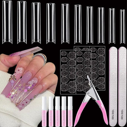 500 Pcs Square Nail Tips Long Nail Tips for Acrylic Nails Professional False Nails Clear Acrylic Nail Kit with Glue Adhesive Tabs Acrylic Nail Clipper Files for Nail Art DIY