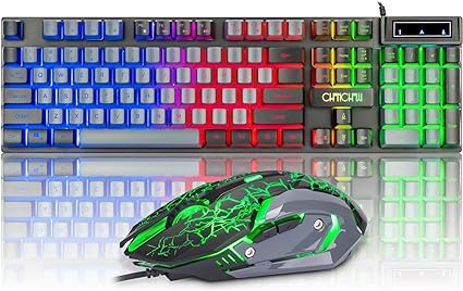 Gaming Keyboard and Mouse Combo USB wired, LED backlit, dual-color keyboard, six-button mouse with side buttons, mechanical feel for all uses.