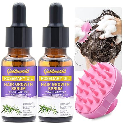 Rosemary Hair Growth Oil 2-Pack Includes scalp massager, biotin, castor, and argan oil for thinning, dry, damaged hair regrowth treatment for men and women.