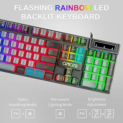 Gaming Keyboard and Mouse Combo USB wired, LED backlit, dual-color keyboard, six-button mouse with side buttons, mechanical feel for all uses.