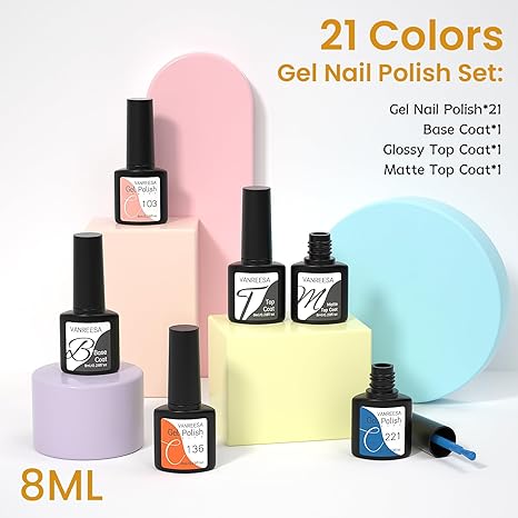 24-Piece Gel Nail Polish Set 21 colors, base coat, glossy & matte top coats, perfect for at-home manicures or as a gift.