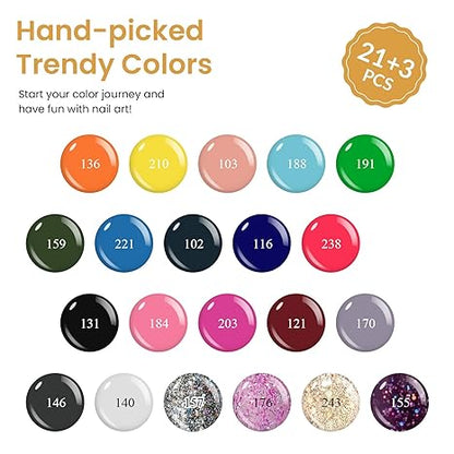 24-Piece Gel Nail Polish Set 21 colors, base coat, glossy & matte top coats, perfect for at-home manicures or as a gift.