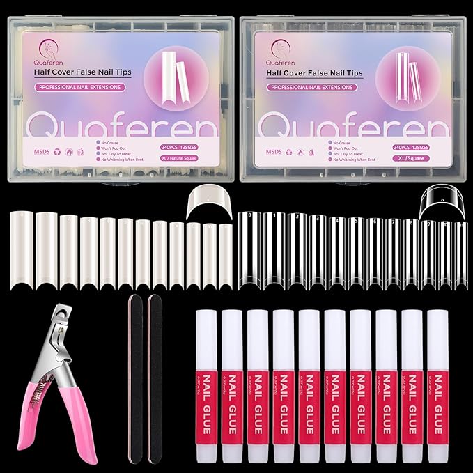 480PCS Extra Long C Curve Nail Tips and Glue 2 packs natural and clear acrylic, 12 sizes, professional set for straight square French nails.