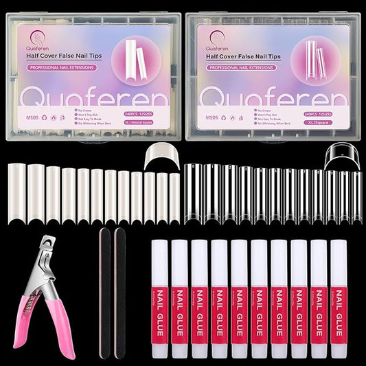 480PCS Extra Long C Curve Nail Tips and Glue 2 packs natural and clear acrylic, 12 sizes, professional set for straight square French nails.