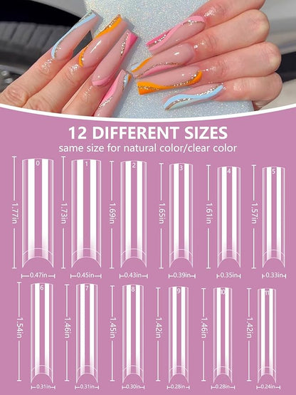 480PCS Extra Long C Curve Nail Tips and Glue 2 packs natural and clear acrylic, 12 sizes, professional set for straight square French nails.