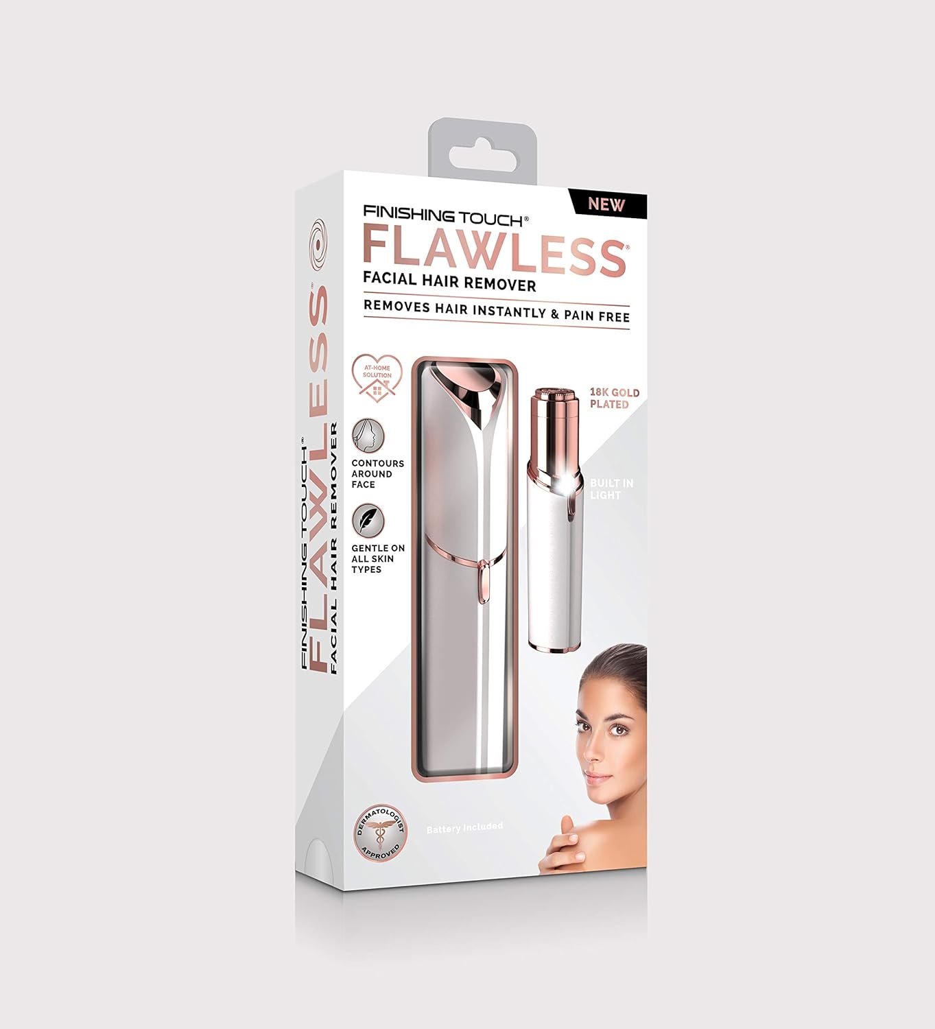 Finishing Touch Flawless Hair Remover Painless, 18k gold-plated, LED precision, white/rose gold.