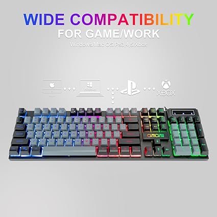 Gaming Keyboard and Mouse Combo USB wired, LED backlit, dual-color keyboard, six-button mouse with side buttons, mechanical feel for all uses.