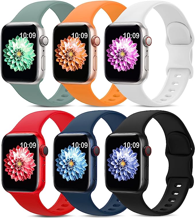 6-Pack Sport Bands for Apple Watch Soft silicone, waterproof, compatible with all sizes (38-49mm) and Apple Watch Series 1-9, Ultra, SE for women and men.