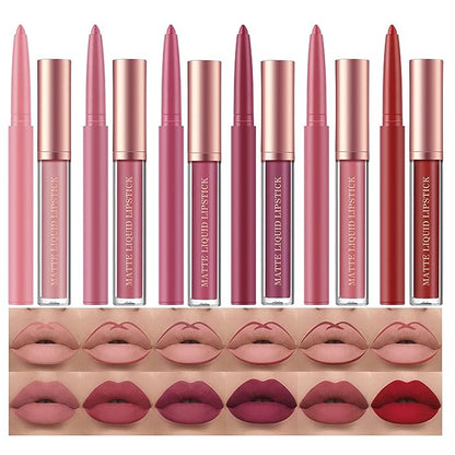 12Pcs Matte Liquid Lipstick  Lip Liner Pens Set One Step Lips Makeup Sets Pigment Velvety Nude Lip Stain Waterproof Long Wear Lip Gloss Make up Gift Set (Set B)