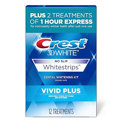 Crest 3D Whitestrips Vivid Plus Teeth Whitening Strip Kit, 24 strips per pack.