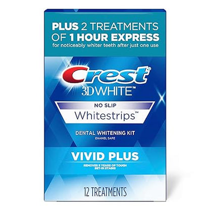 Crest 3D Whitestrips Vivid Plus Teeth Whitening Strip Kit, 24 strips per pack.