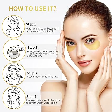 24K Gold Eye Masks 60 pcs for puffy eyes, dark circles, under-eye bags, and wrinkles; enriched with collagen, hyaluronic acid, and castor oil.