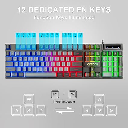 Gaming Keyboard and Mouse Combo USB wired, LED backlit, dual-color keyboard, six-button mouse with side buttons, mechanical feel for all uses.