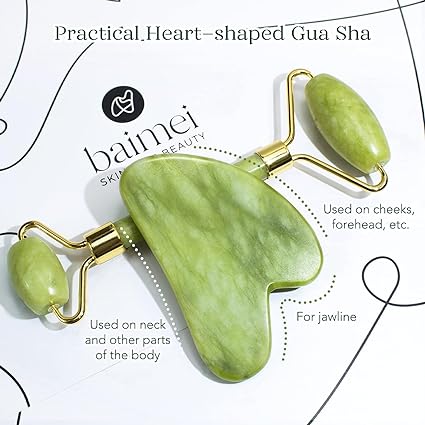 BAIMEI IcyMe Gua Sha & Jade Roller Set Green facial tools for reducing puffiness and redness, perfect self-care gift for men and women.