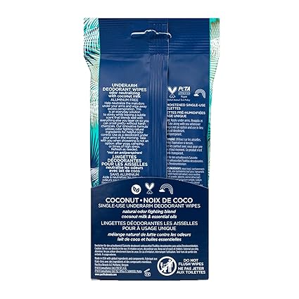 Pacifica Coconut Milk Deodorant Wipes 30 count, aluminum-free, vegan, cruelty-free, travel-friendly, fresh coconut scent.