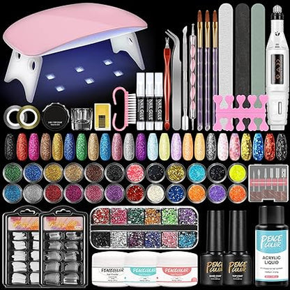 Acrylic Nail Kit for Beginners Complete set with drill, UV light, acrylic powders, liquid, 24 decoration powders, glitter, and rhinestones—perfect gift for women.