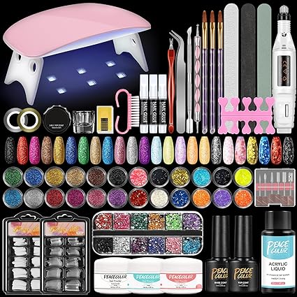 Acrylic Nail Kit for Beginners Complete set with drill, UV light, acrylic powders, liquid, 24 decoration powders, glitter, and rhinestones—perfect gift for women.