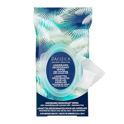 Pacifica Coconut Milk Deodorant Wipes 30 count, aluminum-free, vegan, cruelty-free, travel-friendly, fresh coconut scent.