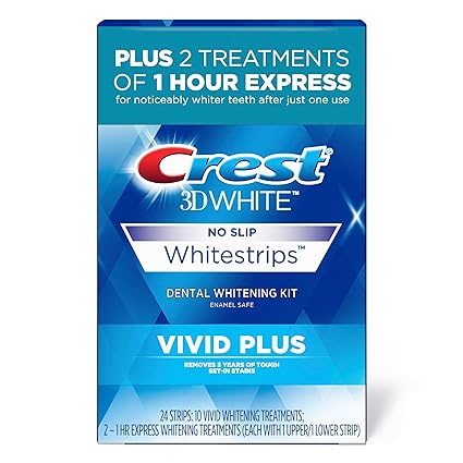 Crest 3D Whitestrips Vivid Plus Teeth Whitening Strip Kit, 24 strips per pack.