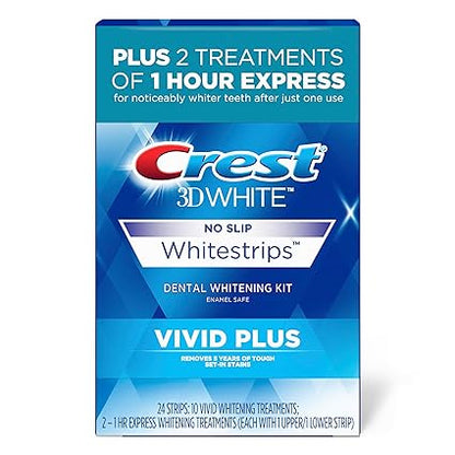 Crest 3D Whitestrips Vivid Plus Teeth Whitening Strip Kit, 24 strips per pack.