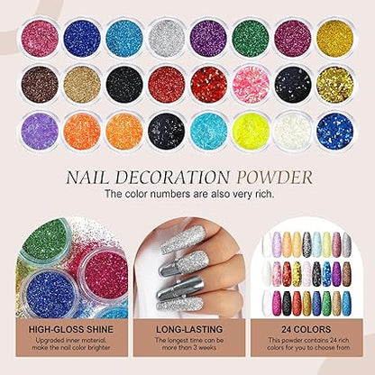 Acrylic Nail Kit for Beginners Complete set with drill, UV light, acrylic powders, liquid, 24 decoration powders, glitter, and rhinestones—perfect gift for women.