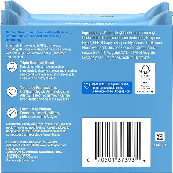 Neutrogena Makeup Remover Wipes Ultra-soft, alcohol-free, plant-based towelettes for waterproof makeup. Twin pack, 25-count each.