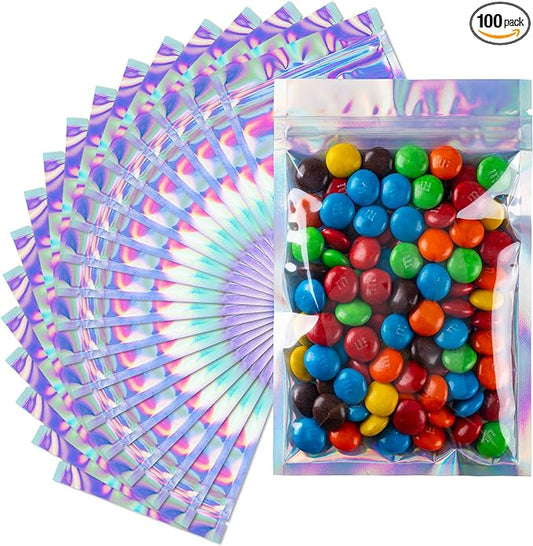 100Pcs Holographic Packaging Bags Clear Foil Food Storage Bags Smell Proof Resealable Bags for Food Storage Jewelry Candy Storage Bags(Holographic Color3 * 4in)