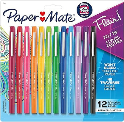 Paper Mate Flair Felt Tip Pens, Medium Point (0.7mm), Assorted Colors, Pack of 12