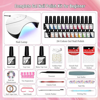 42 Pcs Gel Nail Polish Kit with U V Light 24 Colors Gel Nail Polish Set Glossy & Matte Top Coat Complete Gel Nail Kit with Manicure Tools for All Seasons Gifts for Women