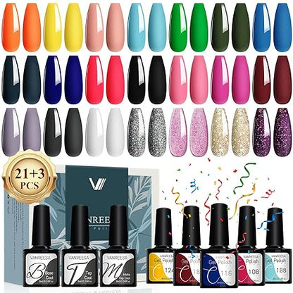 24-Piece Gel Nail Polish Set 21 colors, base coat, glossy & matte top coats, perfect for at-home manicures or as a gift.