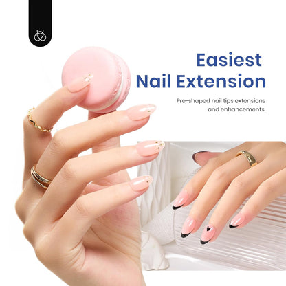 Beetles Gel Nail Extension Kit Pre-etched soft gel tips, matte medium almond shape, 5-in-1 nail glue gel, UV lamp, and acrylic nail clipper for DIY manicures.