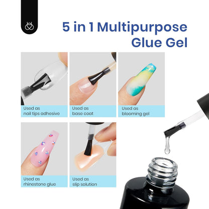 Beetles Gel Nail Extension Kit Pre-etched soft gel tips, matte medium almond shape, 5-in-1 nail glue gel, UV lamp, and acrylic nail clipper for DIY manicures.