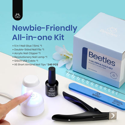 Beetles Gel Nail Extension Kit Pre-etched soft gel tips, matte medium almond shape, 5-in-1 nail glue gel, UV lamp, and acrylic nail clipper for DIY manicures.